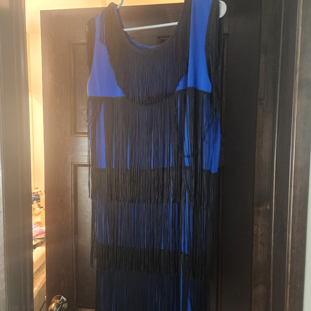 Elegant Blue and Black Fringe Dress